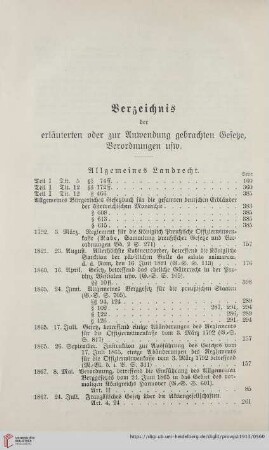 Verzeichnis der erläuterten oder zur Anwendung gebrachten Gesetze, Verordnungen usw.