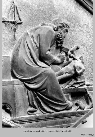 Erschaffung des Menschen und erste Erfindungen : Sculptura als Bildhauer, der eine Figur meißelt