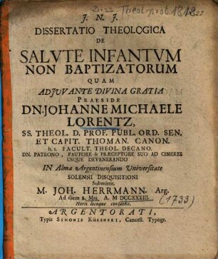 Dissertatio Theologica De Salvte Infantvm Non Baptizatorvm