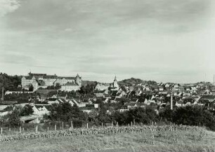 Colditz. Stadtansicht mit Schloss und Stadtkirche St. Ägidien von Westsüdwest über das Tal der Zwickauer Mulde