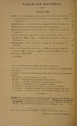 Table des matières. Février 1900.