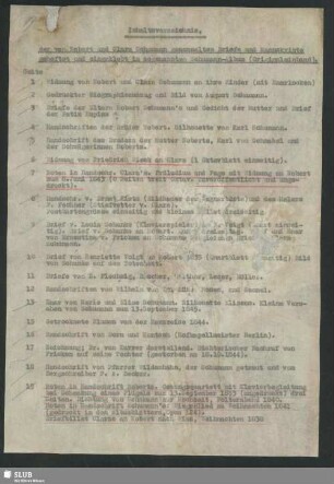Mus.Schu.Beimappe 3: Inhaltsverzeichnis Nr. 3 - Mus.Schu.Beimappe 3 : Inhaltsverzeichnis der von Robert und Clara Schumann gesammelten Briefe und Manuskripte, geheftet und eingeklebt in das sogenannte Schumann-Album (Originaleinband)