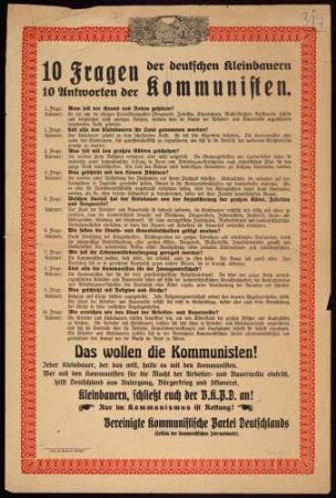 "10 Fragen der deutschen Kleinbauern, 10 Antworten der Kommunisten" (Agrar)politische Ziele der KPD