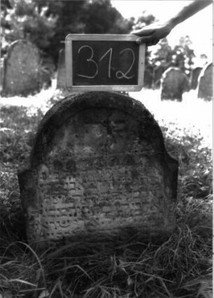 Grabstein 312 (Index: 100103120) Material: Sandstein Zustand: stark verwittert, eingesunken, weitgehender Textverlust Maße HxBxT: 72x56x9 cm Beschreibung: Stele, Konvexbogenabschluss, Schriftfeld eingetieft, oben durch plastisches Rundbogenfries vom Bogenfeld abgeteilt Symbolik: Rundbogenfries: Grabstein 312