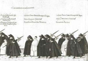 Kur- und fürstlich Frauenzimmer. Dritte Gruppe mit der Äbtissin von Quedlinburg, Dorothea von Sachsen. Ausschnitt aus der Leichenprozession für Herzog August am 4. Februar 1616 in Dresden. Wasserfarben und Tusche auf Papier; 29,8 x 42 cm. Dresden: Sächsisches Staatsarchiv OHMA Cap. Nr. 30