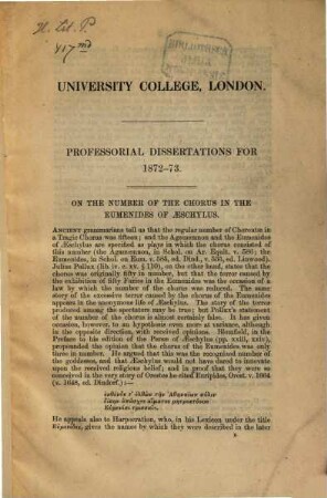 Professorial Dissertations for 1872 - 73 : University College, London
