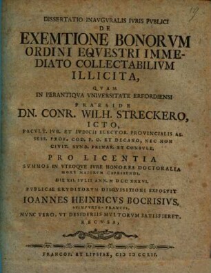 Diss. inaug. ... de exemtione bonorum ordini equestri immediato collectabilium illicita