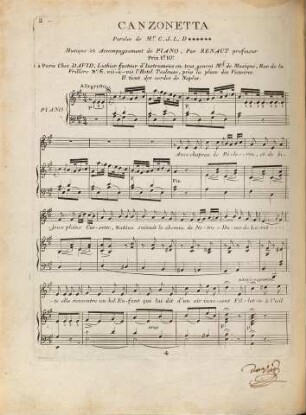CANZONETTA Paroles de Mr C. J. L. D...... Musique et Accompagnement de PIANO, Par RENAUT professeur (Avec chapeau de Pélerin)