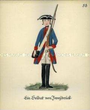 Uniformdarstellung, Infanterist, Herzogtum Pfalz-Zweibrücken, 1760/1761. Kopie der Originaltafel 58 aus Becher: Wahrhaftige Nachrichten.