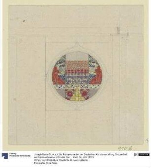 Köln, Frauenrosenhof der Deutschen Kunstausstellung, Skizzenblatt mit Glasfensterentwurf für das Rundfenster der Halle