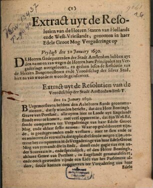 Extract uyt de Resolutien van de Heeren Staten van Hollandt ende West-Vrieslandt, genomen in haer Edele Groot Mog. Vergaderinge op Vrydagh den 20 January 1690