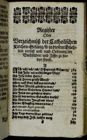 Register Oder Verzeichnüß der Catholischen Kirchen-Gesäng/ so in diesem Büchlein verfast und nach Ordnung der Buchstaben/ und Ziffer zu finden seynd.