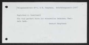 Brief von Gerhart Hauptmann an Greifswald / Magistrat