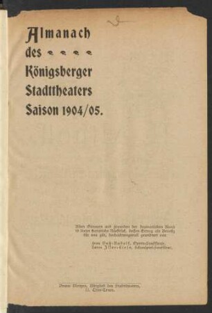 1904/1905: Almanach des Königsberger Stadttheaters