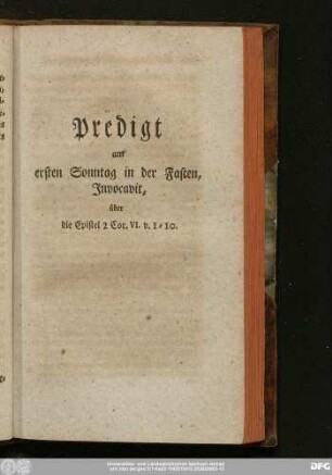 Predigt am ersten Sonntag in der Fasten, Invocavit, über die Epistel 2 Cor. VI. v. 1 - 10.