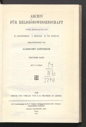 9.1906: Archiv für Religionswissenschaft