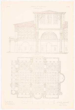 Maxentius-Basilika (Basilika des Konstantin), Rom: Querschnitt, Grundriss (aus: Denkmäler d. Baukunst, Antike Baukunst, hrsg. v. Zeichenaussch. d. Stud. d. TH Berlin, 1901)