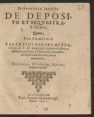 Disputatio Iuridica De Deposito Et Sequestratione