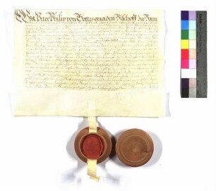 Bischof Peter Philipp von Würzburg verleiht an Georg Friedrich, Graf von Hohenlohe Kälberbach; Siegel des Bischofs; Pergament.