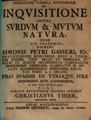 Dissertatio iuridica inauguralis de inquisitione contra surdum & mutum natura