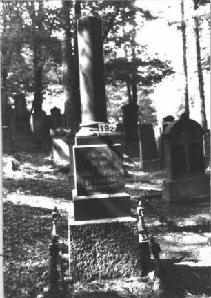 Grabstein 192 (Index: 99899072) Material: Granit Zustand: gut erhalten Maße HxBxT: 230x50x48 cm Beschreibung: aufgesockelte Stele mit gestuftem Postament, metallene Grabeinfassung erhalten Symbolik: abgebrochene Säule: Grabstein 192