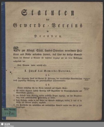 Statuten des Gewerbe-Vereins in Dresden