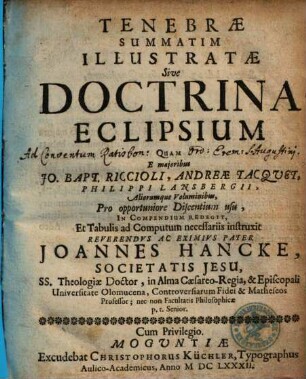 Tenebrae Summatim Illustratae Sive Doctrina Eclipsium