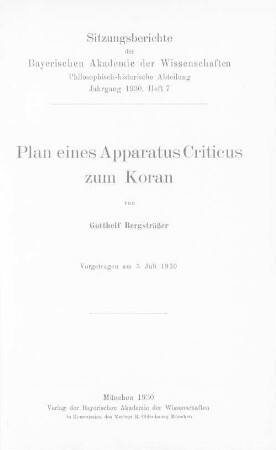 Plan eines Apparatus Criticus zum Koran