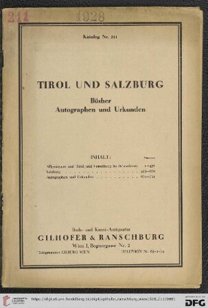 Nr. 211: Katalog: Tirol und Salzburg : Bücher, Autographen und Urkunden