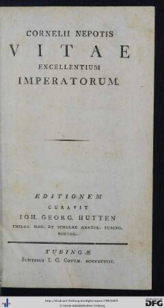 Cornelii Nepotis Vitae Excellentium Imperatorum