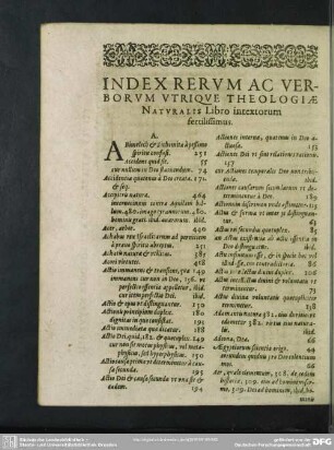Index Rerum Ac Verborum Utrique Theologiae Naturalis Libro intextorum fertilissimus