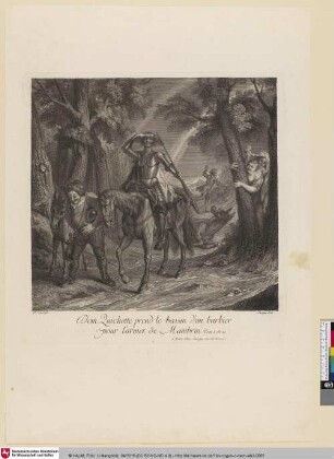 Histoire de Don Quichotte de La Manche, Bl. 3: Dom Quichotte prend le bassin d'un Barbier pour l'armet de Mambrin