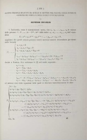 Alcune formole ricavate da quelle di Newton pel calcolo delle funzioni simmetrich semplici delle radici d'un'equazione.