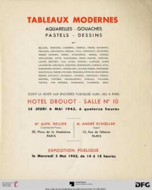 Tableaux modernes : aquarelles, gouaches, pastels, dessins par Boldini, Bonnard ... Ziem ; dont la vente aux enchères publiques aura lieu à Paris, Hôtel Drouot le jeudi 6 mai 1943