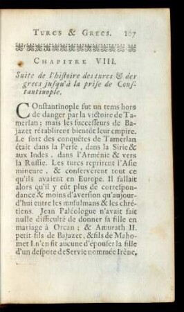 Chapitre VIII. Suite de l'histoire des turcs & des grecs jusqu'à la prise de Constantinople.