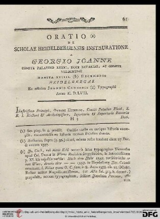 Oratio de Scholae Heidelbergensis instauratione a Georgio Joanne
