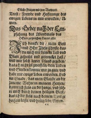 Das Gebet nach der Empfahung des Abendmals des Herrn zu sprechen/ Lautet also: