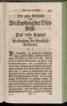Das erste Capitel von Verstopfung der Blutflüsse überhaupt