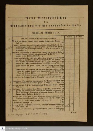 Neue Verlagsbücher der Buchhandlung des Waisenhauses in Halle : Jubilate-Messe 1817