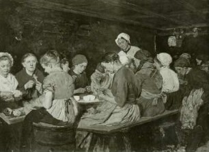 Liebermann, Max (1847 Berlin - 1935 Berlin). Konservenmacherinnen. Holz, 0,49 x 0,65 m, bez. u. dat.: "M. Liebermann gemalt 1879". Leipzig: Museum d.bild. Künste, Kat. 1924 Kat.Nr. 738.