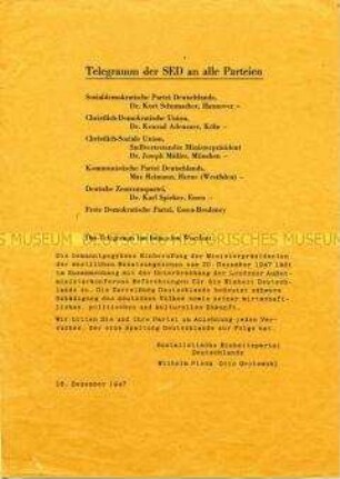 Flugblatt mit dem Wortlaut eines Telegrammes der SED an alle Parteien zur Frage der deutschen Einheit