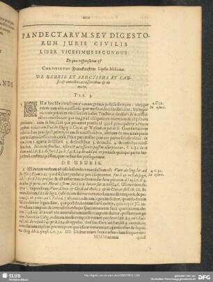 Liber Vicesimussecundus: De quo responsurus est Christianus Franckenstein Lipsia-Misnicus. De Usuris Et Fructibus Et Causis & omnibus accesionibus & de mora