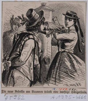 Karikatur zum Ersten Deutschen Sängerbundfest in Dresden 1865: "Die neue Rebekka am Brunnen tränkt eine durstige Sängerseele."