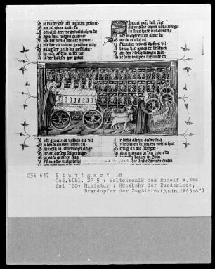 Weltchronik des Rudolf von Ems — Rückkehr der Bundeslade, Folio 120verso