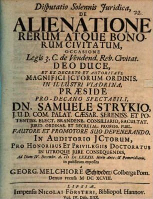Disp. sol. iur. de alienatione rerum atque bonorum civitatum