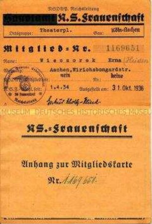 Mitgliedskarte der NS-Frauenschaft von Erna Wieczorek
