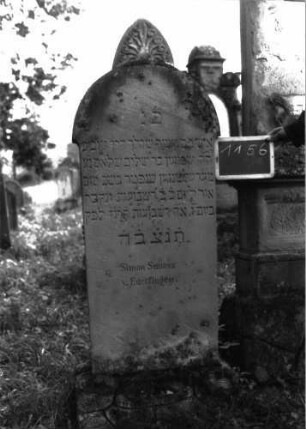 Grabstein 1156 (Index: 100104276) Material: Sandstein Zustand: leicht angewittert Maße HxBxT: 170x56x17 cm Beschreibung: aufgesockelte Stele mit seitlich auskragendem Rundbogenabschluss, Palmettenakroter, Sockel felsartig gearbeitet, Schrift mit schwarzer Farbe nachgezogen Symbolik: Palmette: Grabstein 1156