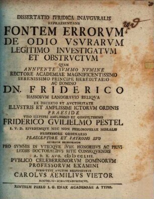 Diss. iur. inaug. repraesentans fontem errorum de odio usurarum legitimo investigatum et obstructum