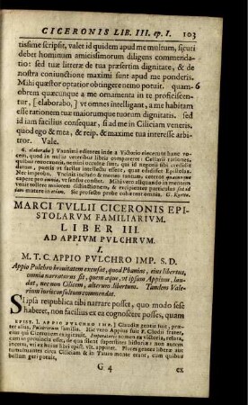 Marci Tullii Ciceronis, Epistolarum Familiarium. Liber III. Ad Appium Pulchrum.