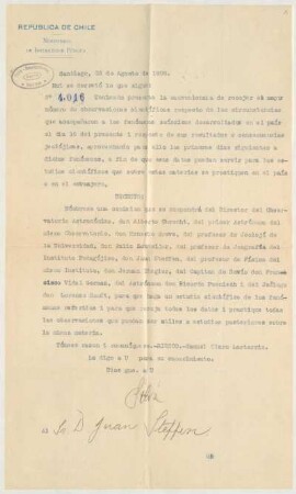 [20]: Briefe des Ministerio de Instrucción Pública an Hans Steffen
